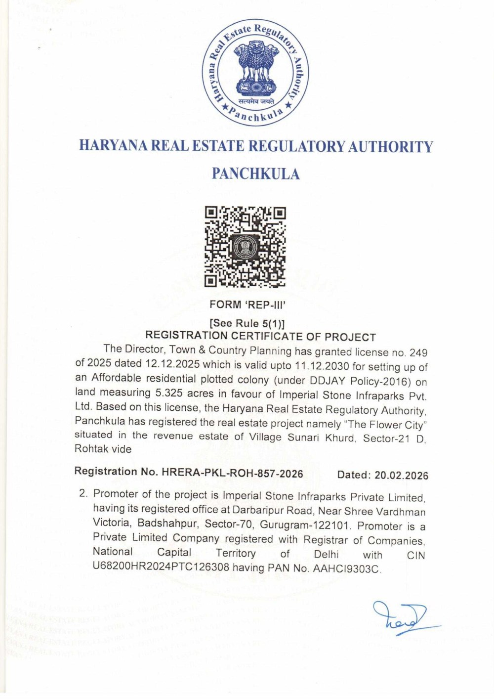 RERA registration certificate &mdash; page 1