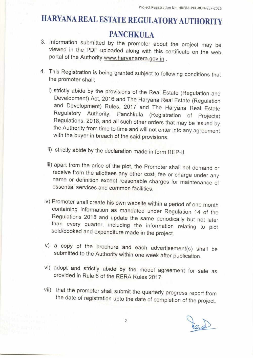 RERA registration certificate &mdash; page 2