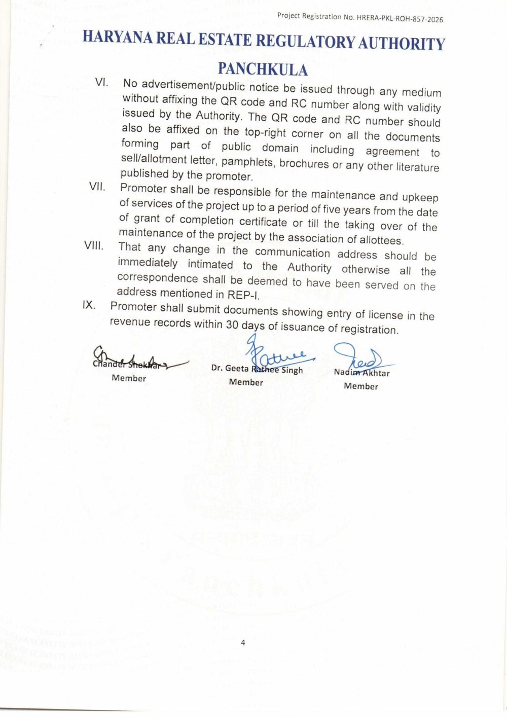 RERA registration certificate &mdash; page 4